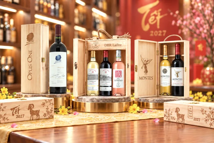 Vang Opus One, DBR Lafite và Montes trong hộp gỗ khắc chữ Tết 2027