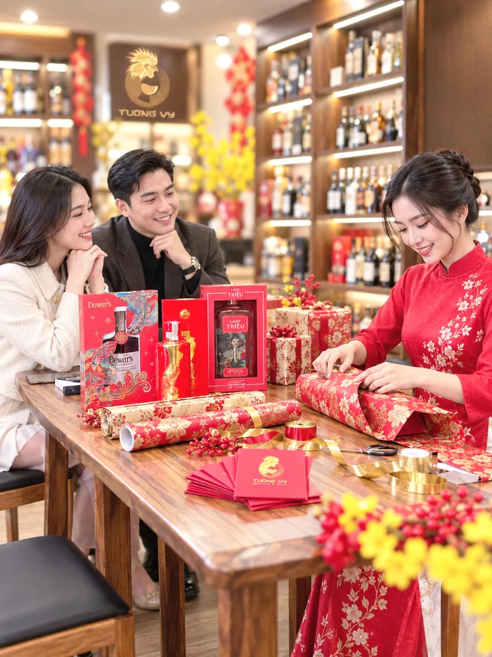 Nhân viên Rượu Tường Vy gói hộp quà Tết tại cửa hàng cho khách chọn