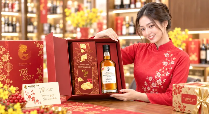 Nhân viên Rượu Tường Vy giới thiệu hộp quà Tết 2027 với chai whisky Về để đi tại cửa hàng